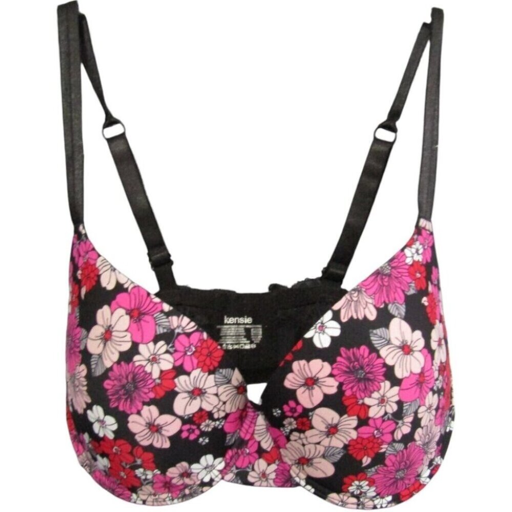 Kensie Black Pink Floral Underwire Push Up Padded Bra Size 36DD New Tag